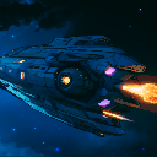 spaceship with sleek metallic exterior, glowing engine fires, starry backdrop, vibrant pixel art, sRGB colors
