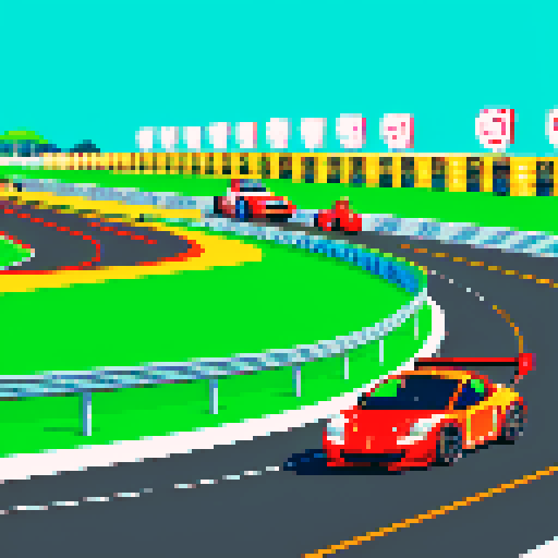 the start of the race, the race track cars are in a row, the traffic lights show green, the race begins