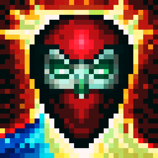 A person with skull mask wearing red suit. Pixel portrait.
