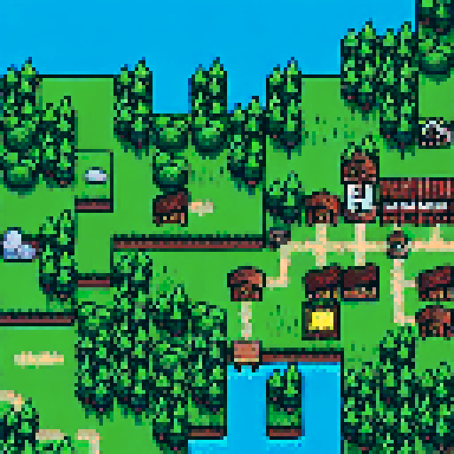 tall vibrant trees, whimsical mushrooms, cozy houses, colorful flowers, pixelated landscapes, enchanting atmosphere, immersive world, nostalgic art style, charming scenery, intricate designs, lively flora and fauna, landscape portrait
