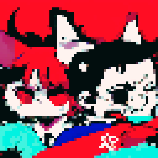 An artwork in Miami Vice styl with a devil driving in his cabriolet. On the backseat are his white and black friend listening to music