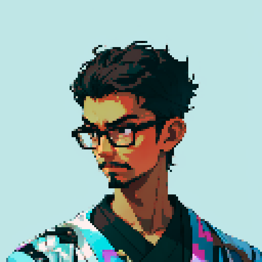 Southeast Asian man, short curly hair, round glasses, tanned, diamond shaped face, black eyes, age 25, wearing a robe, goatee