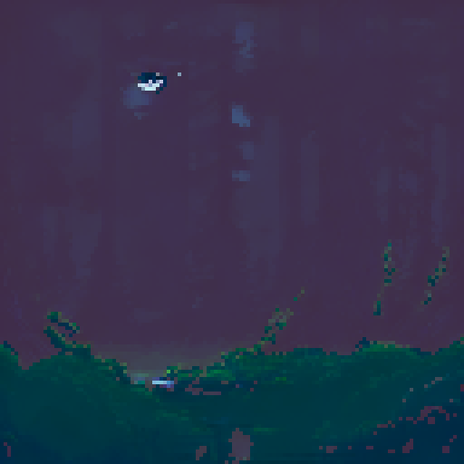 dark, moonlit forest, towering trees, glowing eyes, misty path, eerie shadows, pixelated leaves, ethereal glow, twisted branches, starry sky, mysterious figures, silhouettes, haunting atmosphere