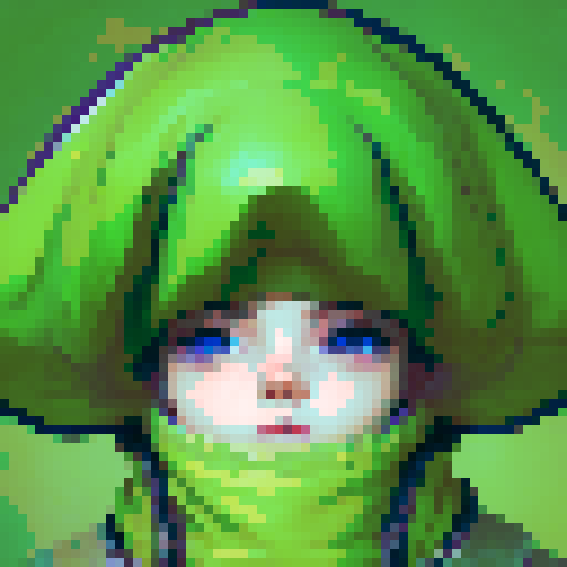 "Mushroom Boy stares directly at the viewer with wide, innocent eyes, his rounded, red mushroom cap contrasting against his pale skin in a pixelated, anime-inspired close-up portrait."