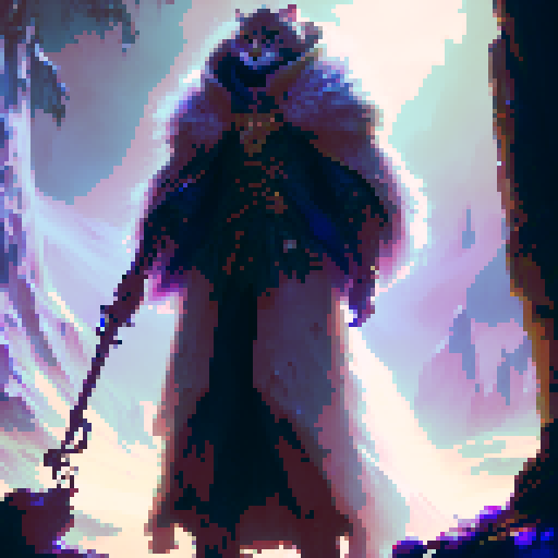 Serious cat, glowing eyes, wielding a magical staff, in a majestic robe, surrounded by floating crystals, amidst a mystical forest, with a castle in the distance