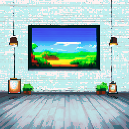 Wooden table centred, pixel art, sRGB, background with a serene landscape