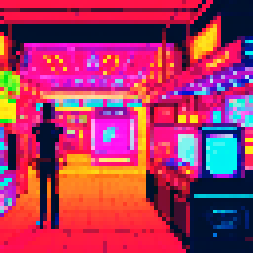 Side-scrolling, cyberpunk, interior, neon-lit, bustling market, with futuristic vendors, towering holographic billboards, hovering drones, and pixelated characters