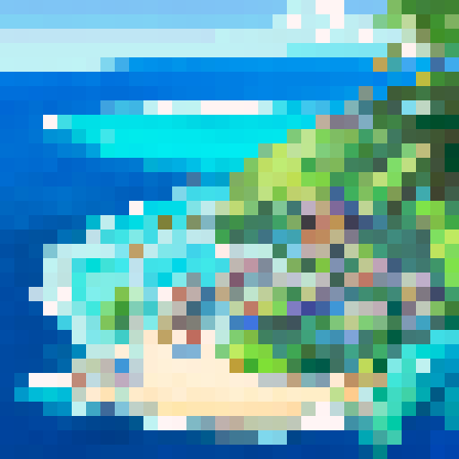 Beach shack, vibrant colors, palm trees, sandy path, thatched roof, wooden shutters, turquoise ocean, cloudless sky, sun-kissed sand, hammock swaying, seashells scattered, coconut drinks, flip-flops abandoned, surfboards propped, tranquil paradise