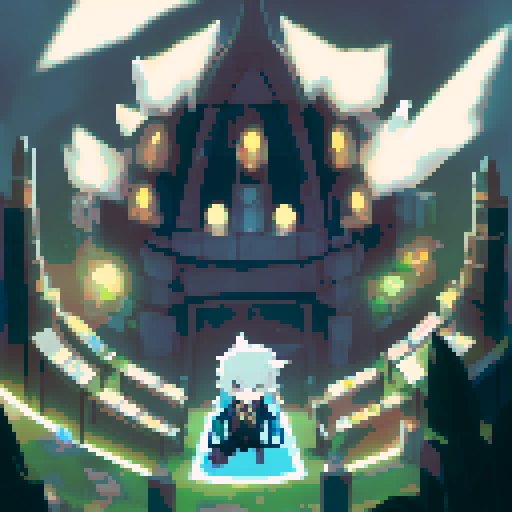 White-haired, blue-eyed boy sits alone in his dark and foreboding lair, surrounded by towering stacks of books and eerie glowing orbs.