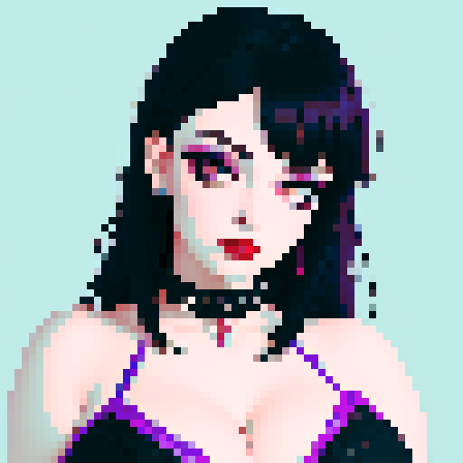 curvy, cute, goth girl, black hair, purple eyeshadow, red lipstick, spiked collar, portrait, glamour shot.