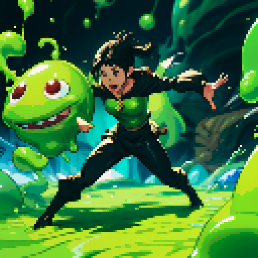 slime surging up around someone, slime engulfing a hero, slime consuming a hero, hero getting engulfed by slime, slime attack, dynamic, slime slamming into someone, impact, splashing slime, full-body image, full-body art, black hair, brown outfit