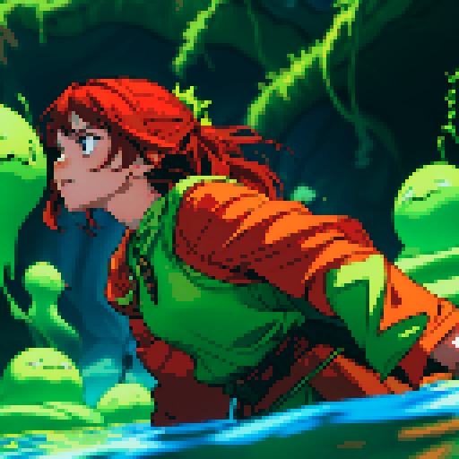 hero sinking into slime, hero drowning in slime, hero has red hair