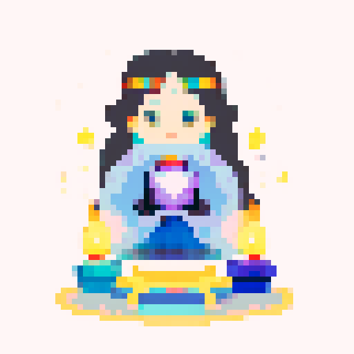 Colorful Illustration of a charming young witch with a boho vibe, reading a crystal ball, viewed from the client's perspective, mystical atmosphere with candles and herbs