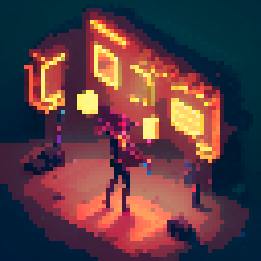 Street merchant assassin girl, neon-lit night market, slicked-back hair, pixelated sniper rifle, fluorescent tattoos, sRGB glow, bustling crowds.
