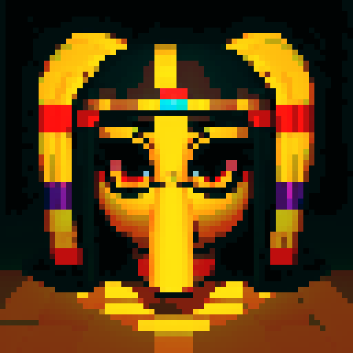 egyptian mummy sprite, pixelated, vibrant colors, detailed hieroglyphics, wrapped in bandages, golden burial mask, no backdrop, glowing red eyes, ominous shadows