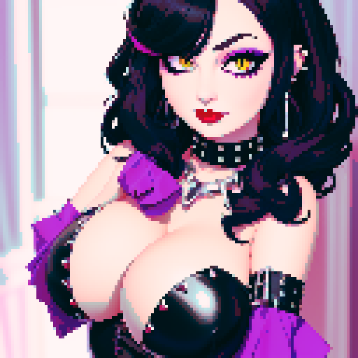 curvy, cute goth cat girl face, black hair, purple eyeshadow, red lipstick, studded leather, face portrait, glamour shot, vibrant sRGB colors, pixel art