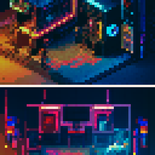 Create a pixel art 16 bit illustration of a cyberpunk bar with a detailed bar counter. The scene should have a side-scroll perspective, capturing the bustling atmosphere typical of 2D games. Make sure to include neon lights, futuristic decor, and characters interacting within the bar. The image should have a trendy and stylish aesthetic, reflecting the vibrant and edgy nature of the cyberpunk genre.