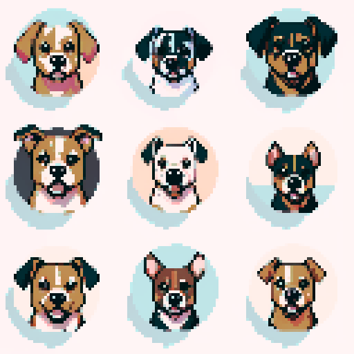 clean pixel art, 9 circles containing dog faces