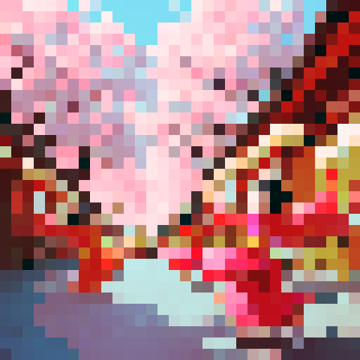 Chinese children, vibrant traditional garments, pixel art, sRGB, lively expressions, delicate embroidery, intricate patterns, vivid color palette, playful poses, cultural celebration, auspicious symbols, joyous atmosphere, bustling cityscape, lantern-lit streets, dragon dance, fluttering paper fans, blossoming cherry blossoms, ornate headpieces, graceful movements, animated pixels, cultural pride