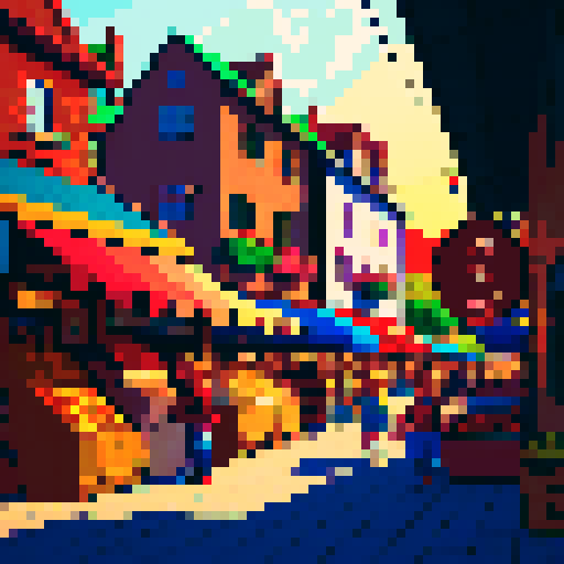 Small town market with a few people shopping. Vibrant colors