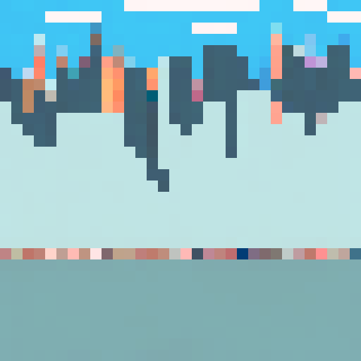 Mars Building with towering, futuristic skyscrapers, bustling pixelated city, ARNE32 palette, otherworldly structures, pixel art, no details