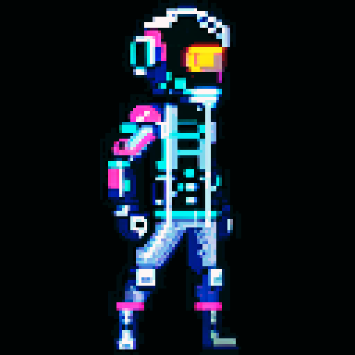cyberpunk space trader sprite, pixel art, futuristic design, cybernetic arm with intricate detailing, glowing yellow-orange visor over the eyes, trench coat with glowing lines, blue and teal color palette with neon pink and yellow accents, distinct sci-fi aesthetic, confident posture, mid-step left first, left leg bent, arms extended, pixel art, sRGB