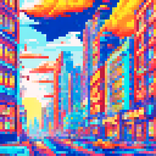 A vibrant, neon cityscape with towering skyscrapers and bustling streets, all in the iconic pixel art style of sRGB and set against a stunningly detailed sunset background