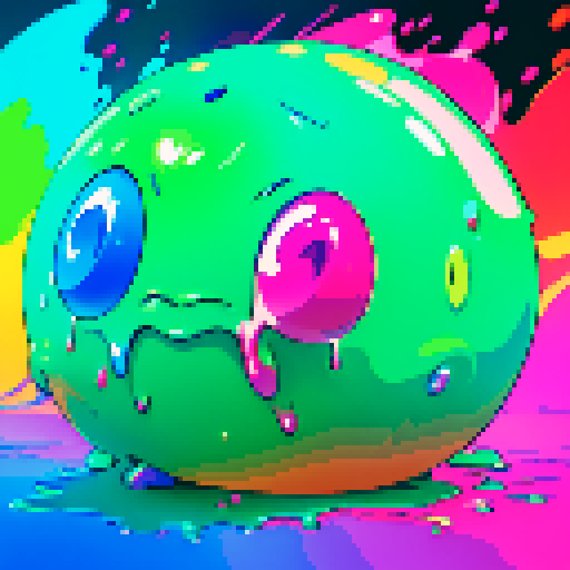 slime spray, vibrant colors, dripping texture, retro video game, pixelated blobs, glowing neon, digital art, sRGB