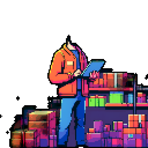 young, bearded male warehouse worker, Amazon Germany, pixel art, sRGB, busy picking and organizing packages, vibrant colors, retro aesthetic, stacks of boxes, conveyor belts, barcode scanners, robotic arms, high-tech machinery, bustling atmosphere, pixelated Amazon logo, fluorescent lighting, dynamic movement, pixelated barcode labels