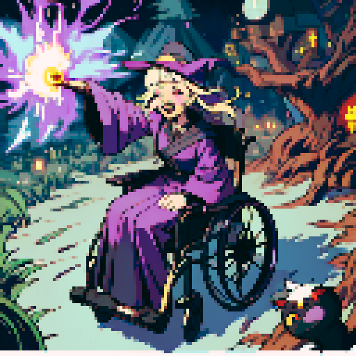 Wheelchair bound, witch, broomstick, cauldron, black cat, moonlit night, swirling clouds, glowing potions, pointed hat, long flowing robes, crooked nose, cackling laughter, magical sparks, enchanted forest, glowing eyes, stars in the sky, pixelated charm, vibrant colors