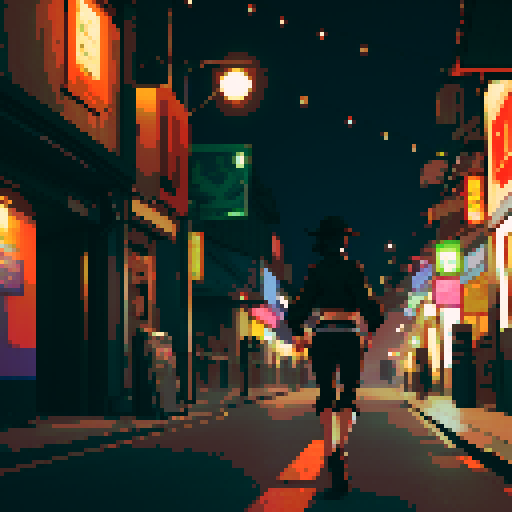 The girl in the middle, short black hair, brown hat, brown jacket, black trousers, turn back, running, far view from the back, Night Thai urban background