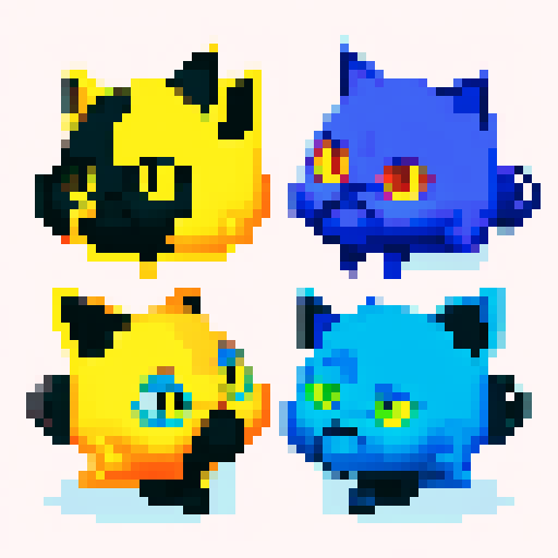 Siamese ninja cats with bright blue eyes, sleek fur, and elegant poses, surrounded by vibrant colors and pixelated details, all created in the pixel art style using the sRGB palette