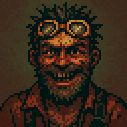 64x64 pixel art portrait, front-facing bust. Rusty the Wasteland Mechanic NPC from post-apocalyptic survivor game. Weathered face with scruffy graying beard, cracked yellow safety goggles pushed up on forehead, wild manic grin showing gap-toothed smile. Dirt-smeared skin, oil stains on cheeks. Worn brown leather vest over faded orange work shirt. One suspender visible. Mad Max aesthetic meets 16-bit RPG character portrait. Muted palette: rust browns, dusty oranges, weathered grays, dirty yellows