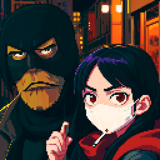 Girl on the right smoking a cigarette, guy on the left holding a gun with a black mask covering his face, gritty, rainy, nighttime, downtown