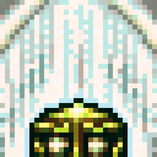 helmet, game icon, 32x32 pixel art, sRGB, skill art, close up, portrait, metallic shine, intricate details, engraved patterns, vibrant colors, reflection of light, embossed textures, glossy finish, sharp edges, futuristic design, worn and battle-hardened appearance