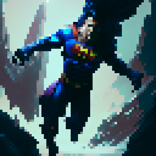 Superman, with bulging muscles and a determined expression, fiercely impales Spiderman with the sharp and deadly claws of Wolverine in a fantastical RPG world filled with towering castles and mystical creatures