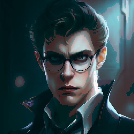 Vampire with light blonde hair and piercing green eyes stares fiercely at the viewer in a close-up character portrait, rendered in a vibrant anime style with intricate pixel art details