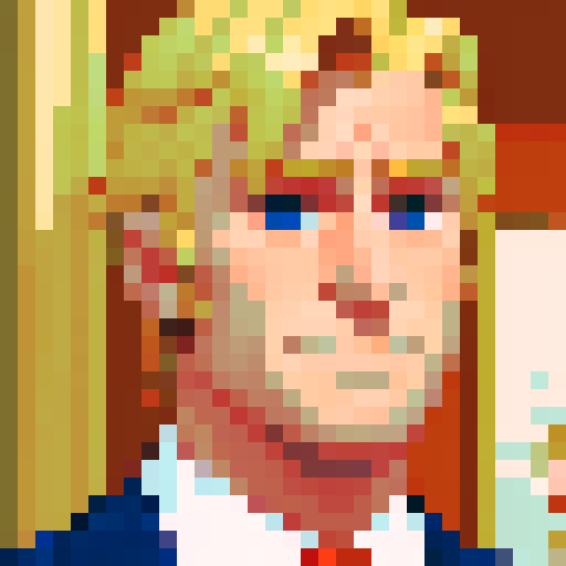 pixel art, 32x32, confident blonde man with orange-tinted skin, swept-back hair, wearing navy blue suit, red tie, and white shirt, smirking expression, bust-up portrait, simple light background, bold and cartoonish style
