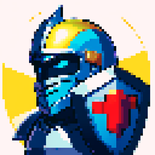 knight, game icon, skill art, portrait, pixel art, sRGB, noble armor, sword, shield, helmet, detailed facial features, vibrant colors, retro aesthetics