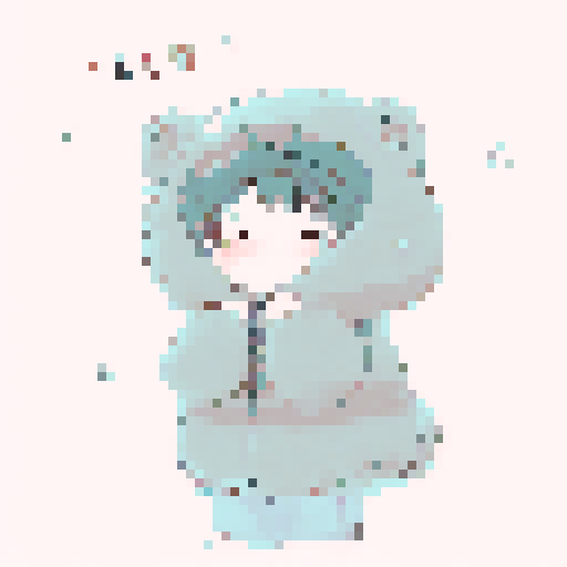 Chibi boy with Korean hairstyle and rosy cheeks, wearing big headphones and a huge puffy jacket, looking from a first-person point of view