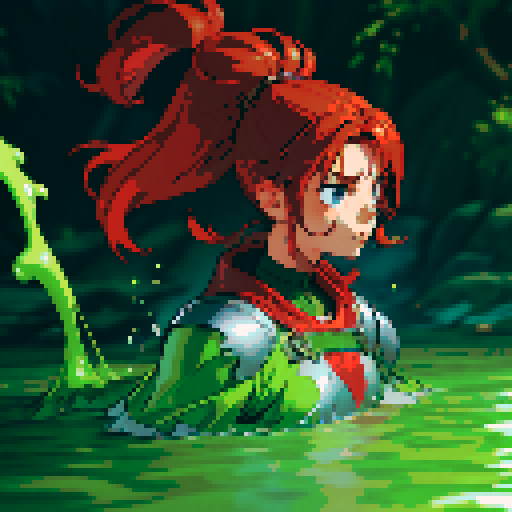 hero sinking into slime, hero drowning in slime, hero has red hair, hero has silver armor