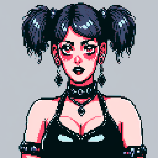curvy, busty cute goth babe with studded collar, big titty goth wearing studded leather halter top. Large breasts. hair in buns with side bangs.  close up portrait, pixel art, sRGB
