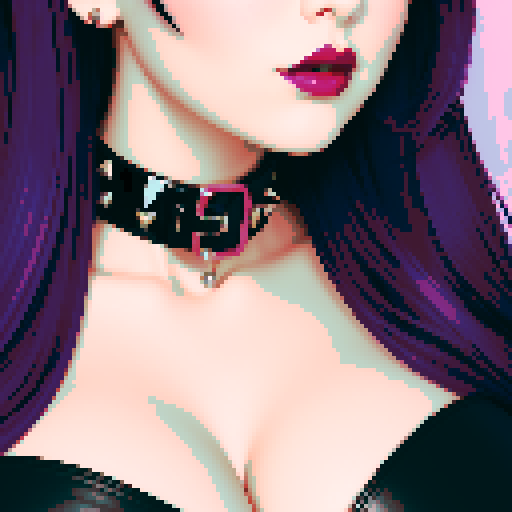 Thicc, busty goth girl, long purple hair, eyeliner, red lipstick, nude breast, spiked collar, up close face portrait, vibrant sega genesis palette, nude pixel art portrait,