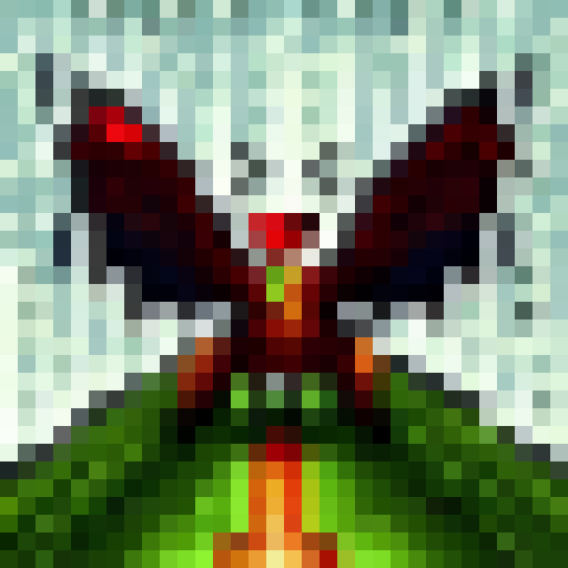 Fiery dragon soaring through misty mountains, knight in shining armor charging with lance, castle in the distance, all in pixel art style.