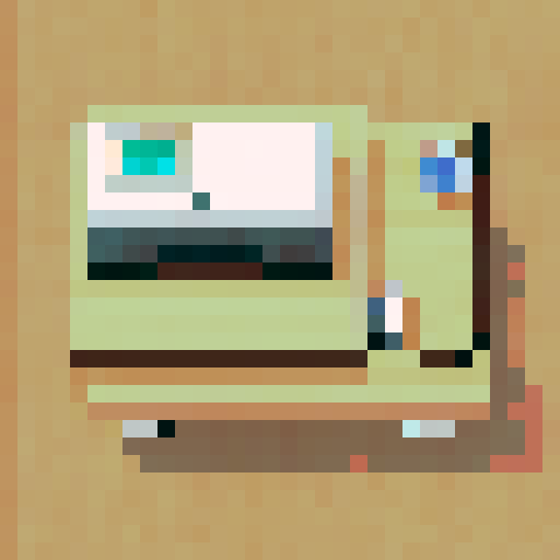 Clean, polished, top-down 2D pixel art sprite of a modern, minimalist shared desk viewed directly from above, featuring a light wood tabletop with clean, rounded edges and a warm, natural finish, complemented by a subtle central cable management groove and minimal inlaid design elements, all rendered in simple pixel highlights and shading, with a minimalist frame and legs made of light wood, following the Japandi/Scandinavian art style