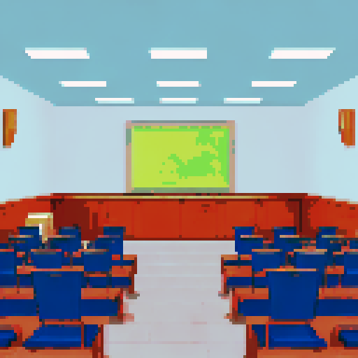 Cozy, warm-toned classical lecture hall filled with attentive students, featuring a subtly nostalgic, pixelated landscape background in vibrant sRGB colors