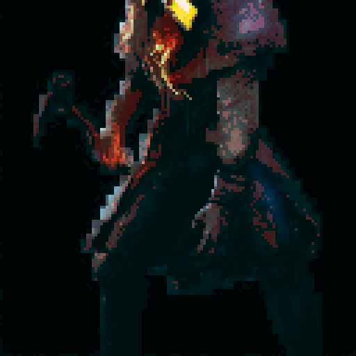 robot, black cloak with yellow edges, bright yellow eyes and jaw, fog, hunchback, sRGB, pixel art, background, landscape