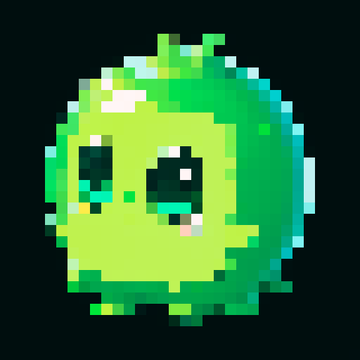 A larger, more formidable amorphous blob with a thicker, more opaque green body. It has bigger eyes and a wider smile, with more bubbles inside. No background.
