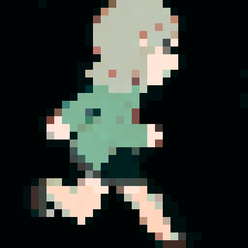 cutesy protagonist running, game icon, 32x32 pixel art, sRGB, skill art, close up, portrait, vibrant colors, dynamic pose, sparkling effects, exaggerated expressions, stylized hair, glowing eyes, pixelated background, whimsical atmosphere, cute running shoes, animated action lines, charming smile