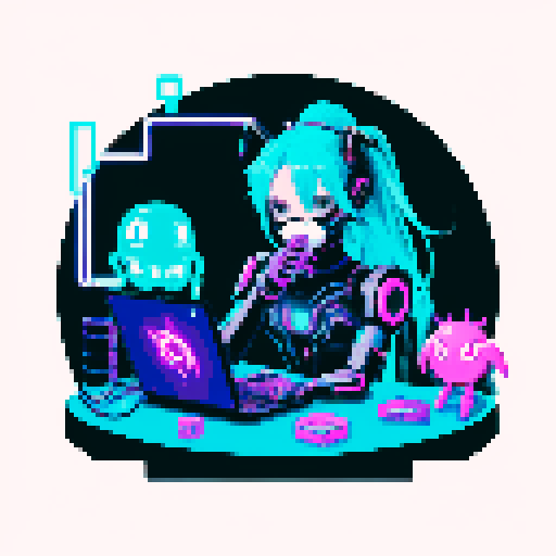 cute cyberpunk scorpion with human head, human head is from anime inspired character with vibrant hair, expressive eyes, a playful smile, and a mouth mask, scorpion is playing computer games, tables with potato chips and coca cola, scorpion's tail is large and should be fully in the picture, bright yellow and cyan and pink lights